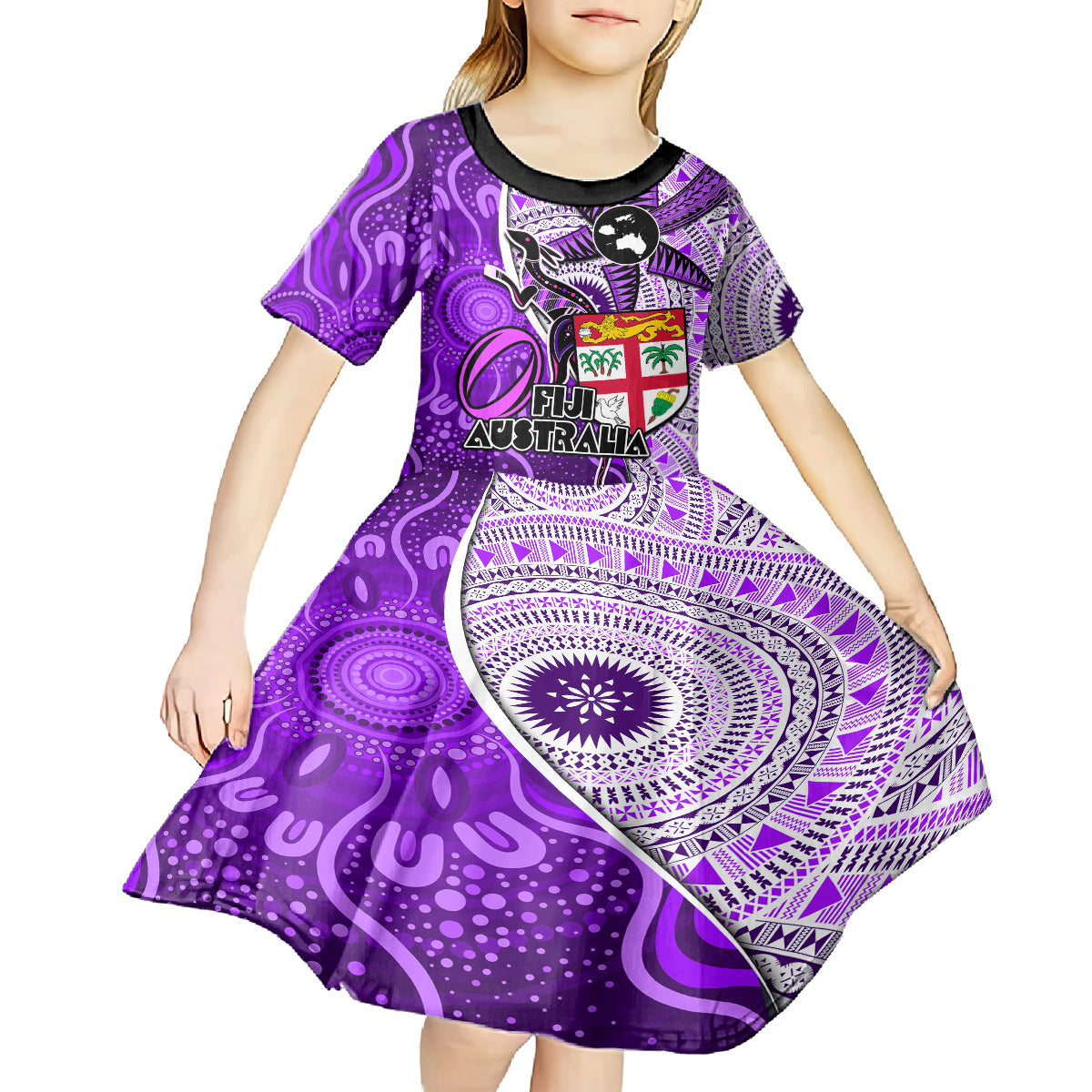 personalised-fiji-australia-rugby-kid-short-sleeve-dress-kangaroo-and-palm-tree-purple-tapa-pattern-mix-aboriginal
