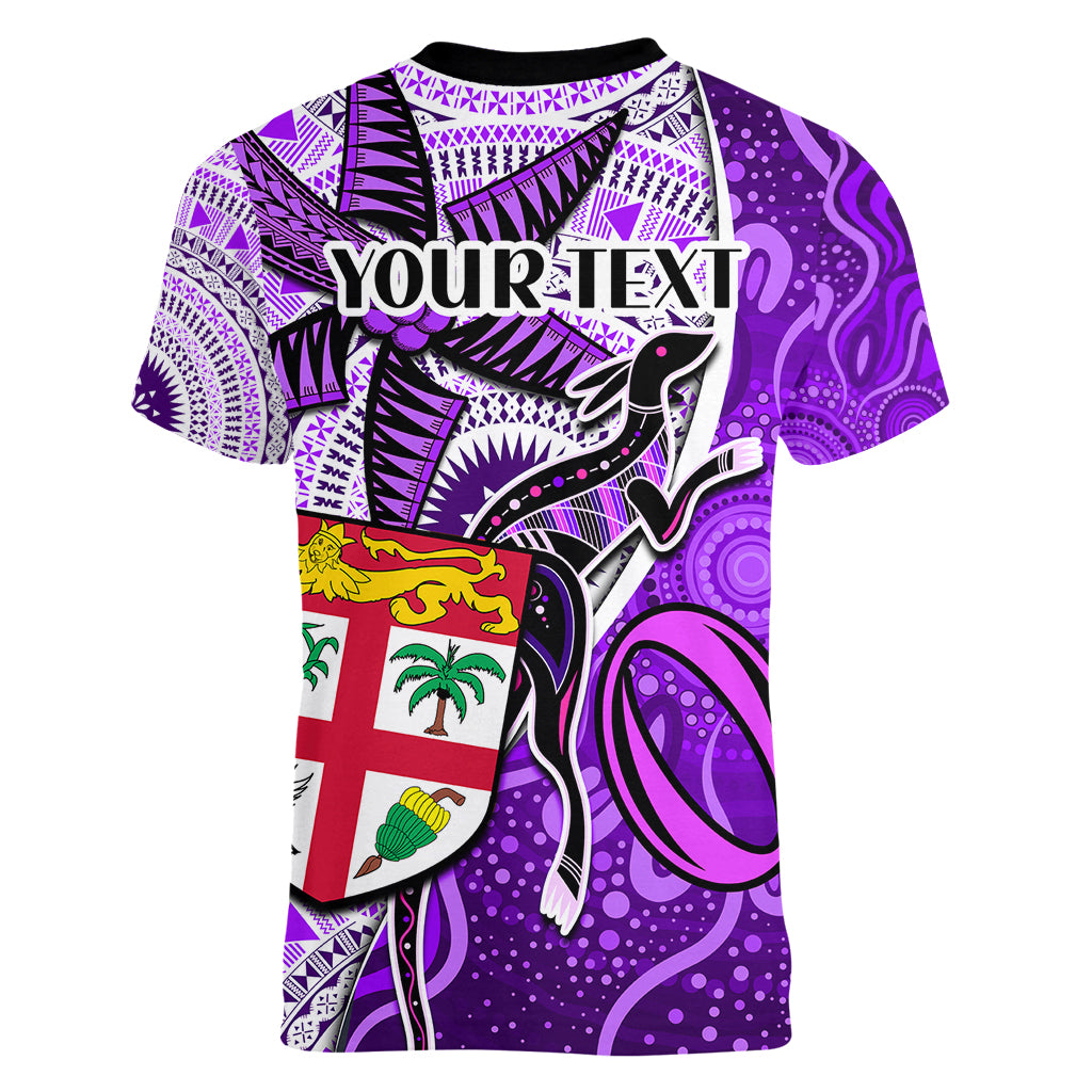 personalised-fiji-australia-rugby-women-v-neck-t-shirt-kangaroo-and-palm-tree-purple-tapa-pattern-mix-aboriginal