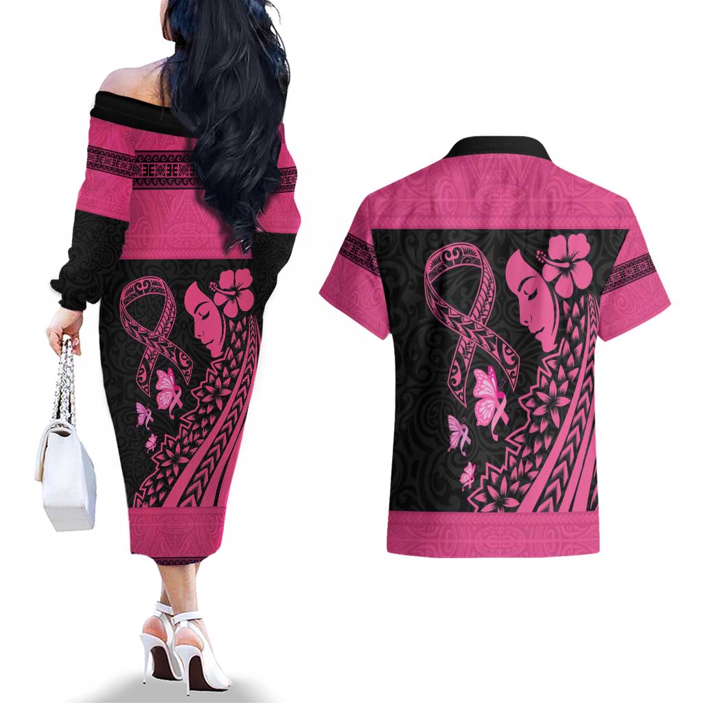 Breast Cancer Awareness Couples Matching Off The Shoulder Long Sleeve Dress and Hawaiian Shirt Think Pink Polynesian Ribbon and Butterfly