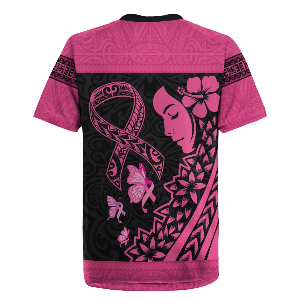 Breast Cancer Awareness Rugby Jersey Think Pink Polynesian Ribbon and Butterfly
