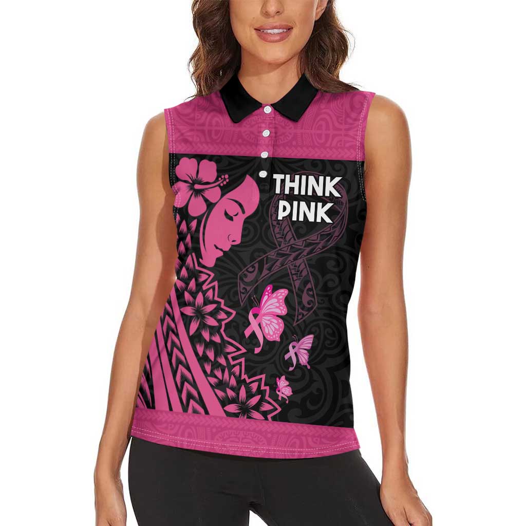 Breast Cancer Awareness Women Sleeveless Polo Shirt Think Pink Polynesian Ribbon and Butterfly