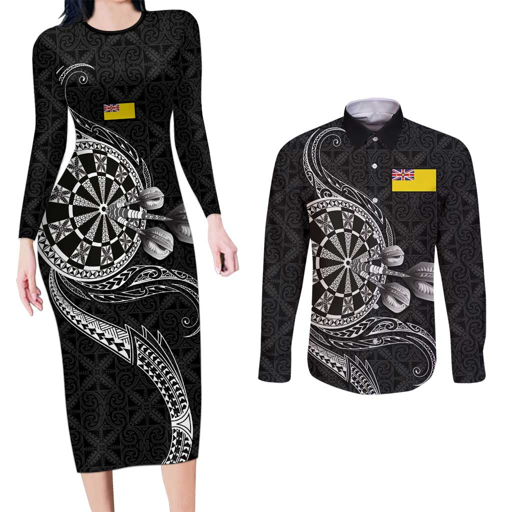 Personalised Niue Darts Masters Couples Matching Long Sleeve Bodycon Dress and Long Sleeve Button Shirt Tribal Hiapo Dartboard - Polynesian Pride