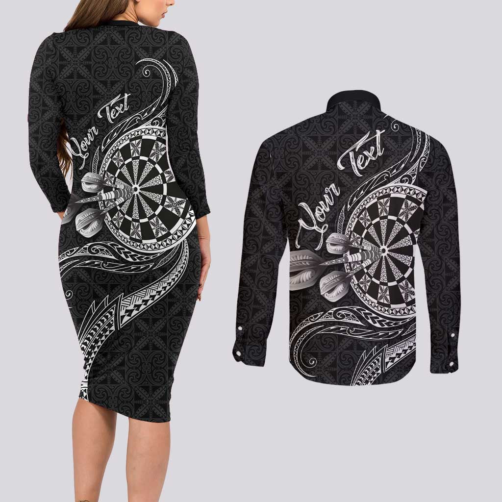 Personalised Niue Darts Masters Couples Matching Long Sleeve Bodycon Dress and Long Sleeve Button Shirt Tribal Hiapo Dartboard - Polynesian Pride
