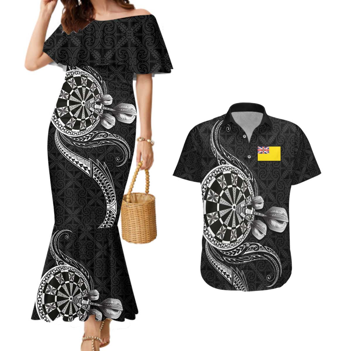 Personalised Niue Darts Masters Couples Matching Mermaid Dress and Hawaiian Shirt Tribal Hiapo Dartboard - Polynesian Pride