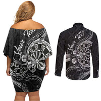 Personalised Niue Darts Masters Couples Matching Off Shoulder Short Dress and Long Sleeve Button Shirt Tribal Hiapo Dartboard - Polynesian Pride