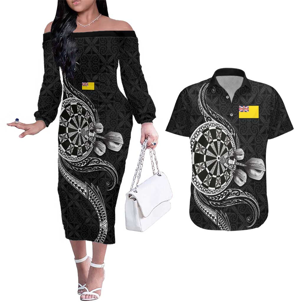 Personalised Niue Darts Masters Couples Matching Off The Shoulder Long Sleeve Dress and Hawaiian Shirt Tribal Hiapo Dartboard - Polynesian Pride
