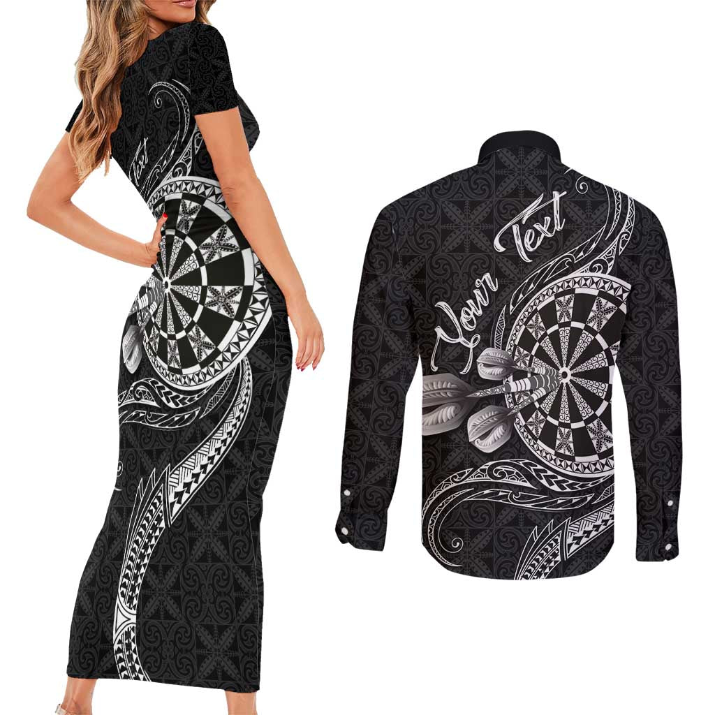 Personalised Niue Darts Masters Couples Matching Short Sleeve Bodycon Dress and Long Sleeve Button Shirt Tribal Hiapo Dartboard - Polynesian Pride