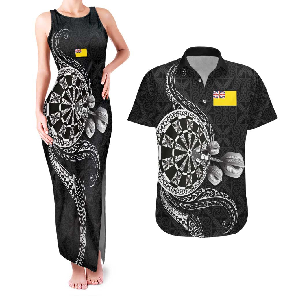 Personalised Niue Darts Masters Couples Matching Tank Maxi Dress and Hawaiian Shirt Tribal Hiapo Dartboard - Polynesian Pride