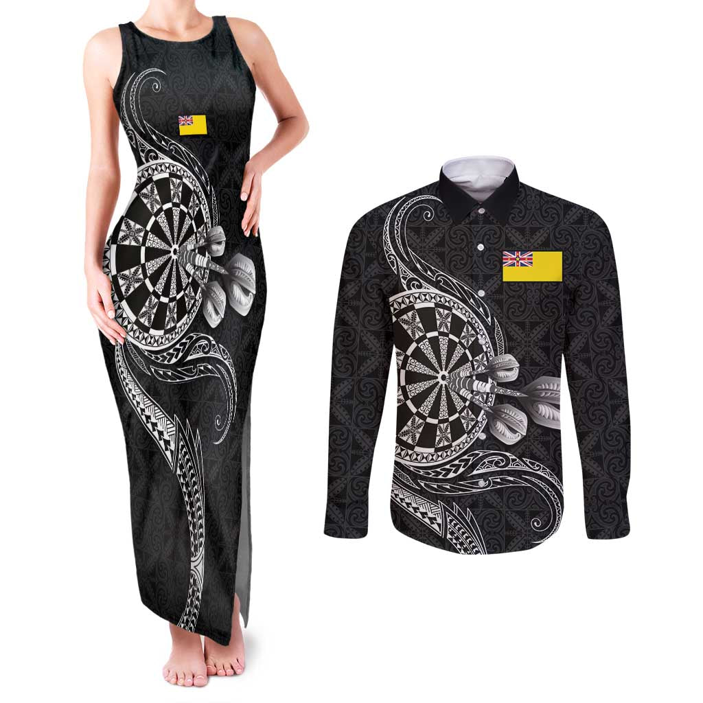 Personalised Niue Darts Masters Couples Matching Tank Maxi Dress and Long Sleeve Button Shirt Tribal Hiapo Dartboard - Polynesian Pride