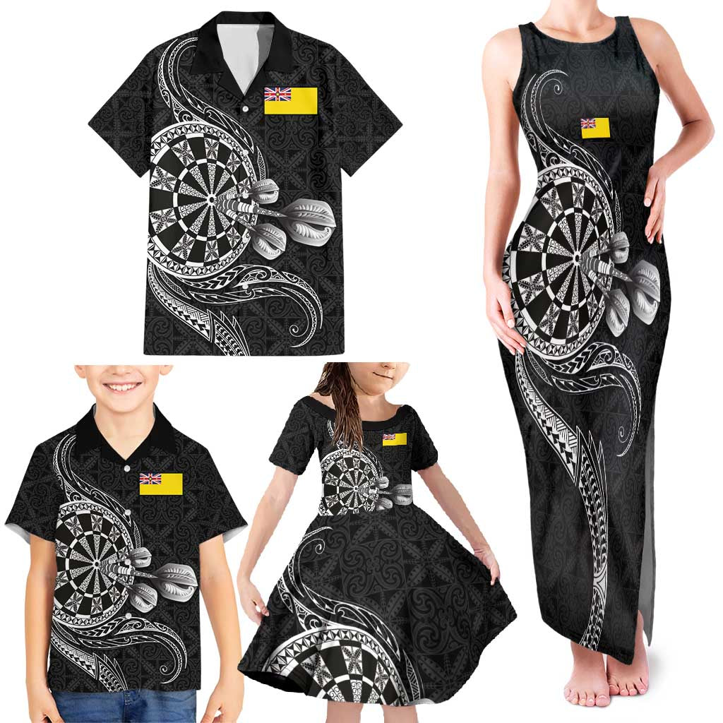 Personalised Niue Darts Masters Family Matching Tank Maxi Dress and Hawaiian Shirt Tribal Hiapo Dartboard - Polynesian Pride