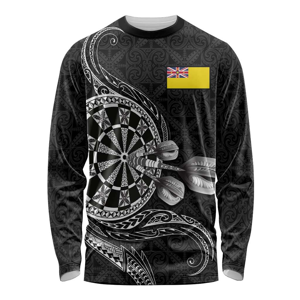 Personalised Niue Darts Masters Long Sleeve Shirt Tribal Hiapo Dartboard LT03 Unisex Black - Polynesian Pride