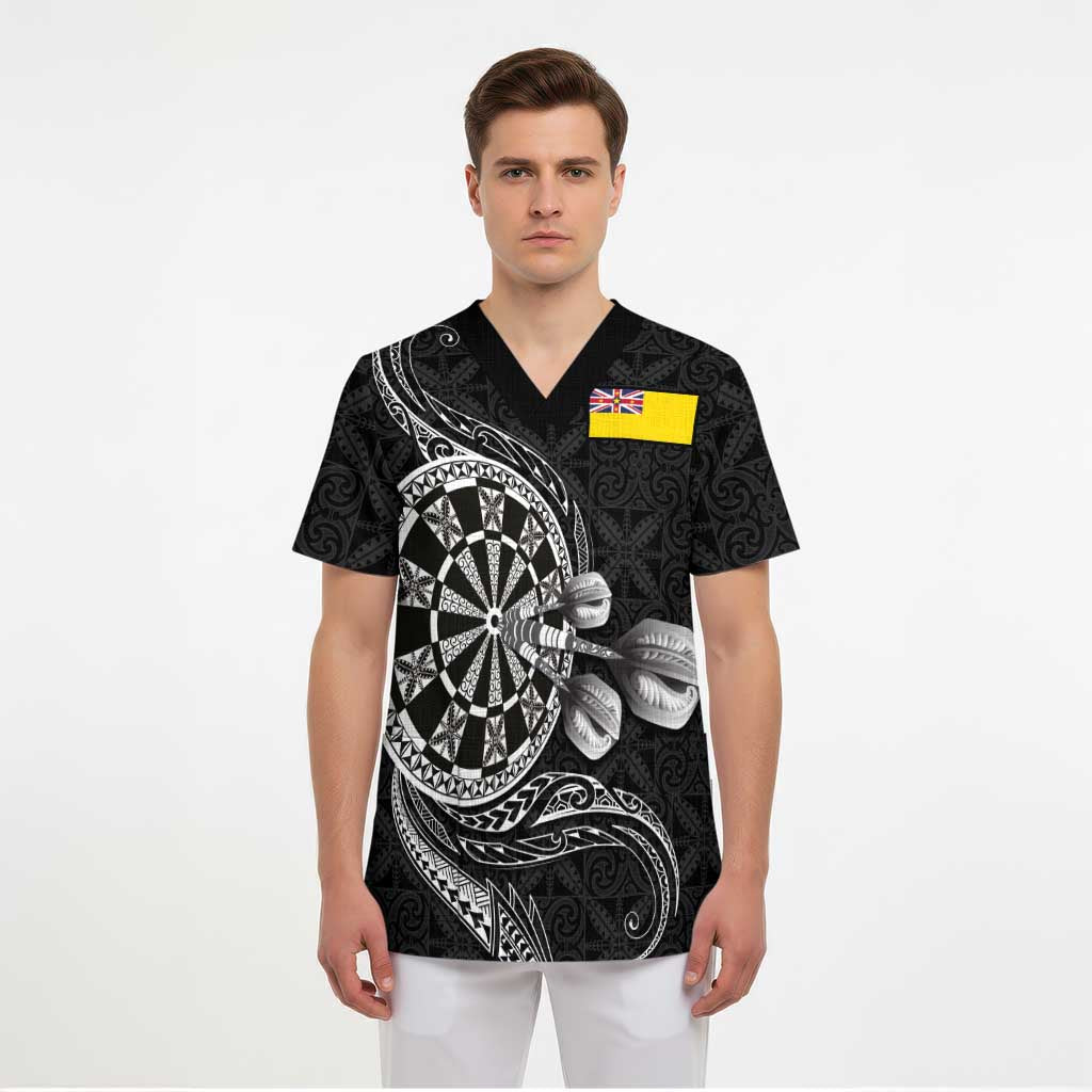 Personalised Niue Darts Masters Scrub Top Tribal Hiapo Dartboard - Polynesian Pride