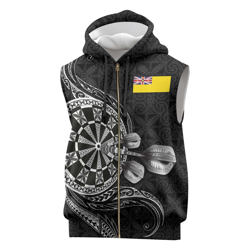 Personalised Niue Darts Masters Sleeveless Zip Hoodie Tribal Hiapo Dartboard - Polynesian Pride