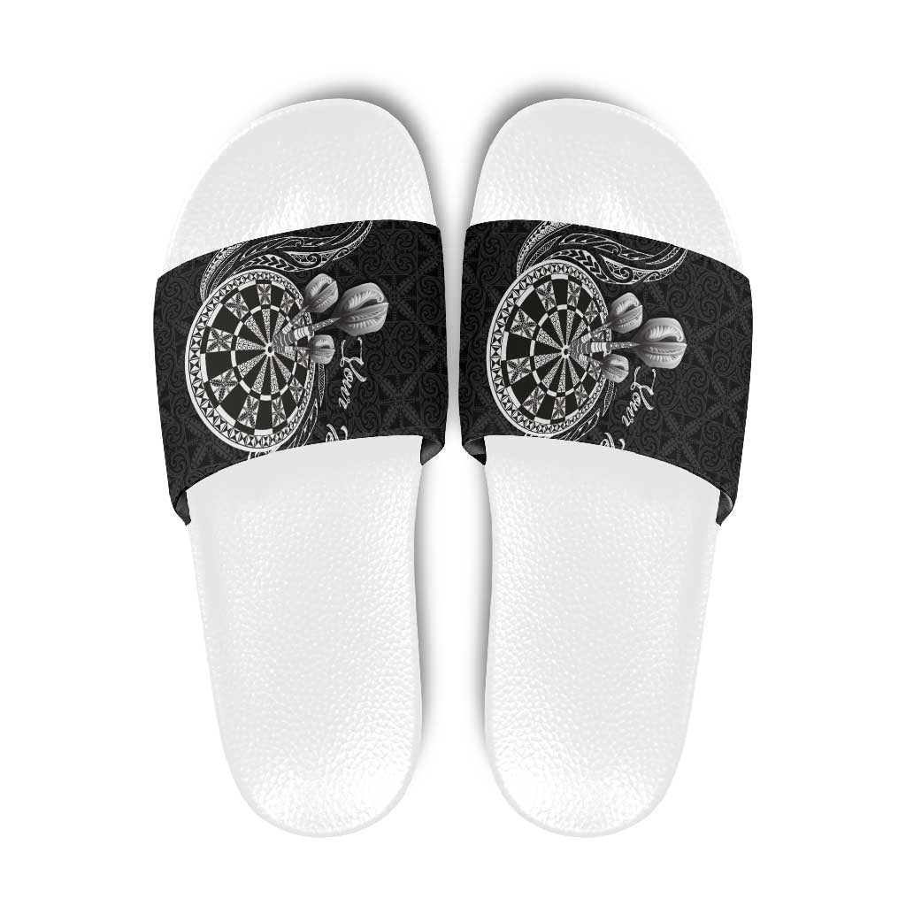 Personalised Niue Darts Masters Slide Sandals Tribal Hiapo Dartboard - Polynesian Pride