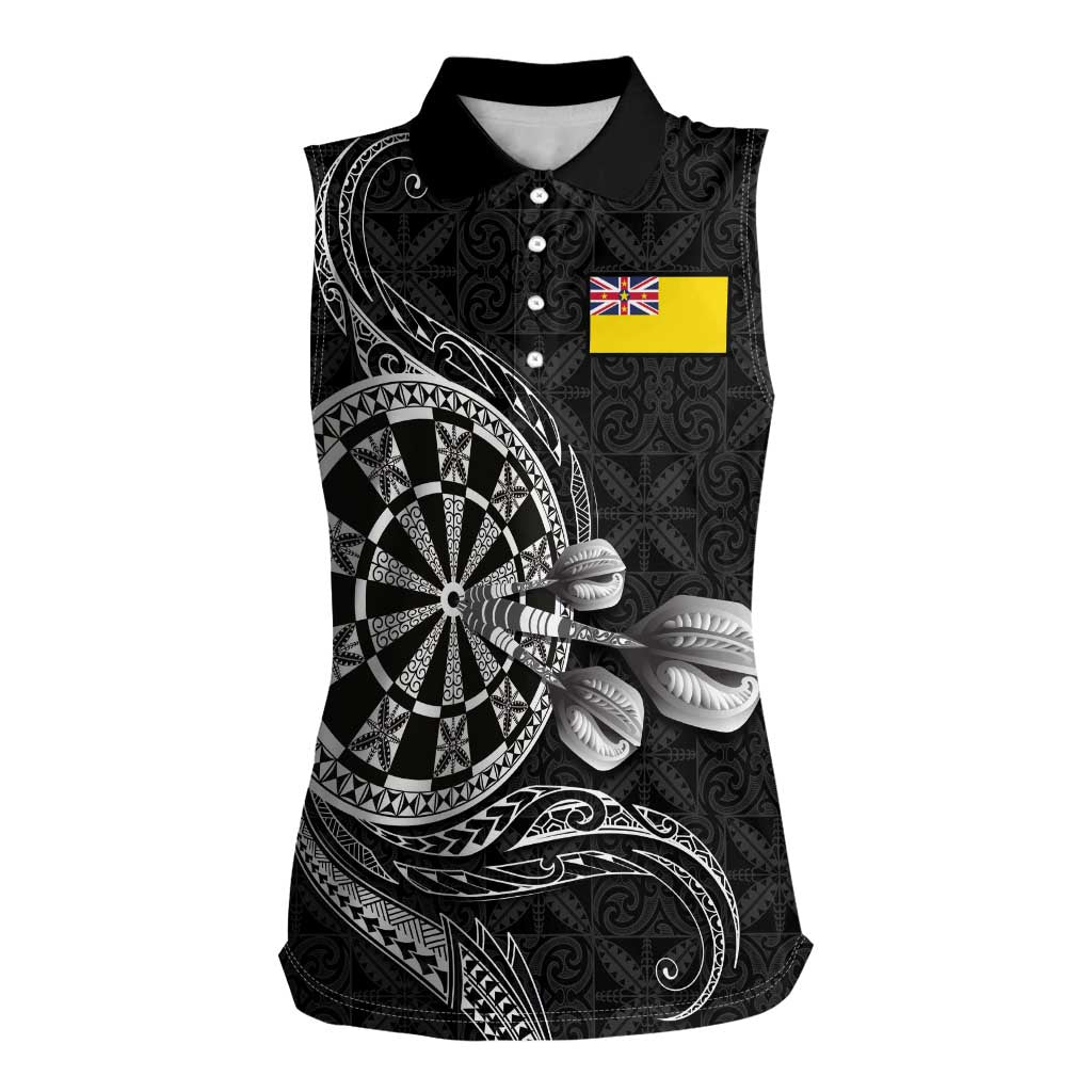 Personalised Niue Darts Masters Women Sleeveless Polo Shirt Tribal Hiapo Dartboard LT03 Female Black - Polynesian Pride