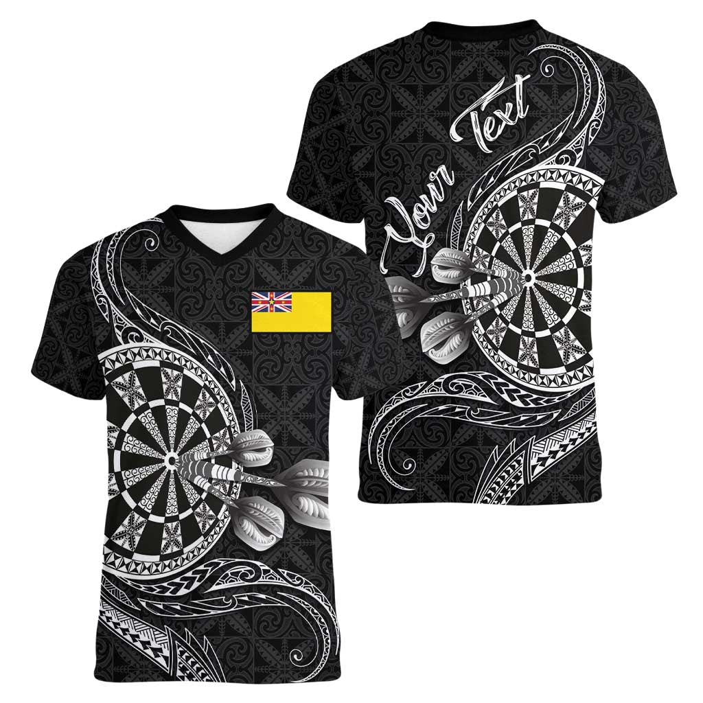 Personalised Niue Darts Masters Women V-Neck T-Shirt Tribal Hiapo Dartboard - Polynesian Pride