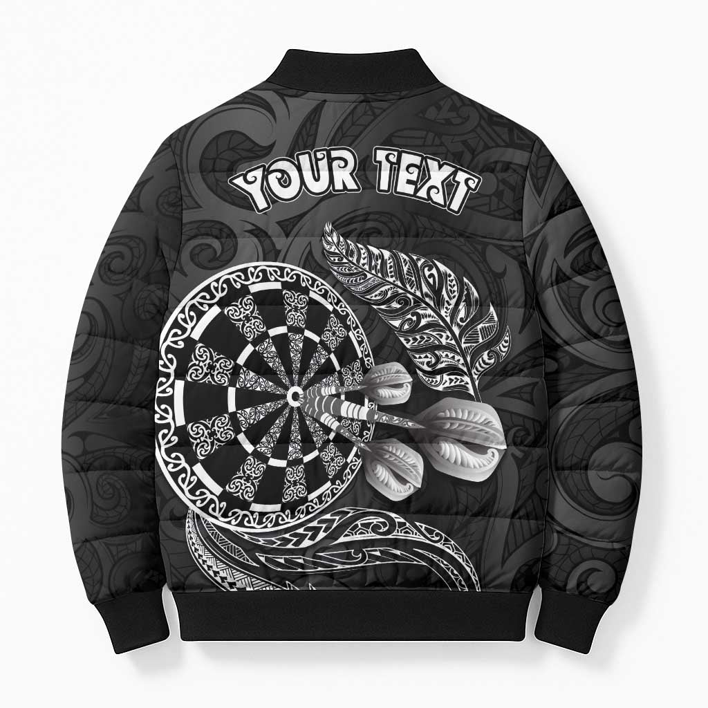 Personalised New Zealand Aotearoa Darts Masters Bomber Puffer Jacket Tribal Silver Fern and Ta Moko Dartboard - Polynesian Pride