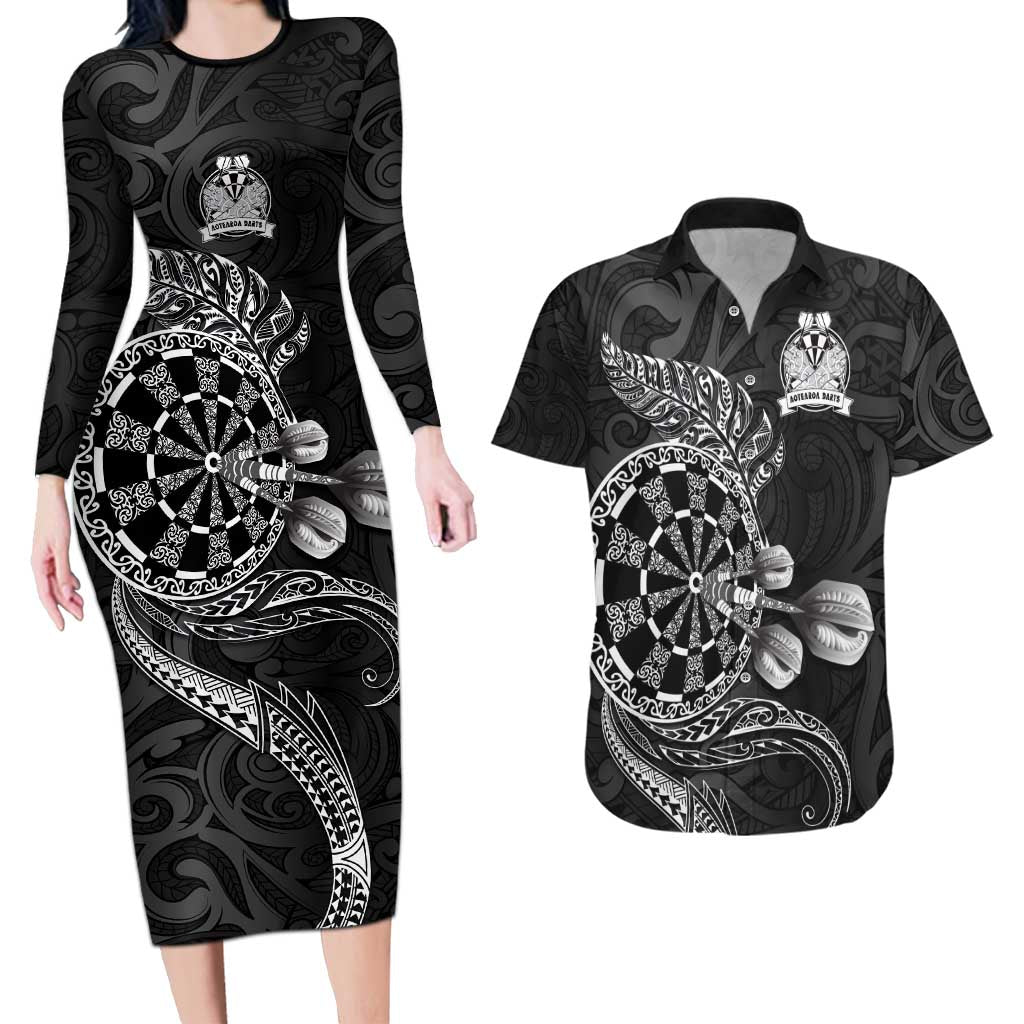 Personalised New Zealand Aotearoa Darts Masters Couples Matching Long Sleeve Bodycon Dress and Hawaiian Shirt Tribal Silver Fern and Ta Moko Dartboard - Polynesian Pride