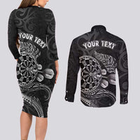 Personalised New Zealand Aotearoa Darts Masters Couples Matching Long Sleeve Bodycon Dress and Long Sleeve Button Shirt Tribal Silver Fern and Ta Moko Dartboard - Polynesian Pride