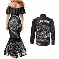 Personalised New Zealand Aotearoa Darts Masters Couples Matching Mermaid Dress and Long Sleeve Button Shirt Tribal Silver Fern and Ta Moko Dartboard - Polynesian Pride