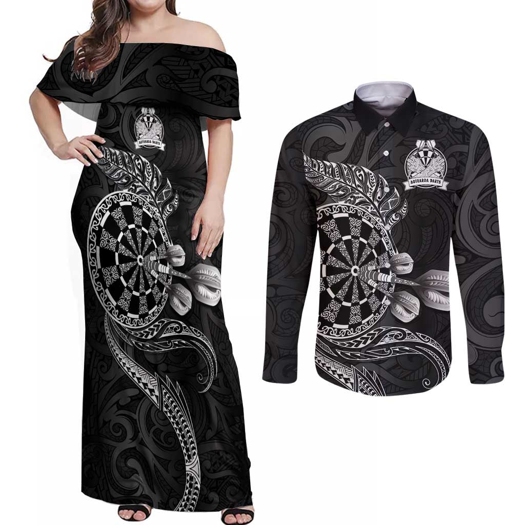 Personalised New Zealand Aotearoa Darts Masters Couples Matching Off Shoulder Maxi Dress and Long Sleeve Button Shirt Tribal Silver Fern and Ta Moko Dartboard - Polynesian Pride