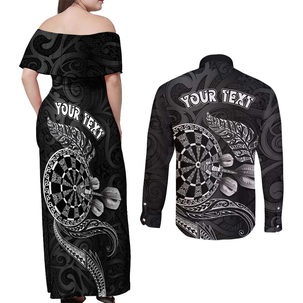 Personalised New Zealand Aotearoa Darts Masters Couples Matching Off Shoulder Maxi Dress and Long Sleeve Button Shirt Tribal Silver Fern and Ta Moko Dartboard - Polynesian Pride