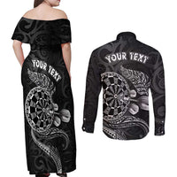 Personalised New Zealand Aotearoa Darts Masters Couples Matching Off Shoulder Maxi Dress and Long Sleeve Button Shirt Tribal Silver Fern and Ta Moko Dartboard - Polynesian Pride