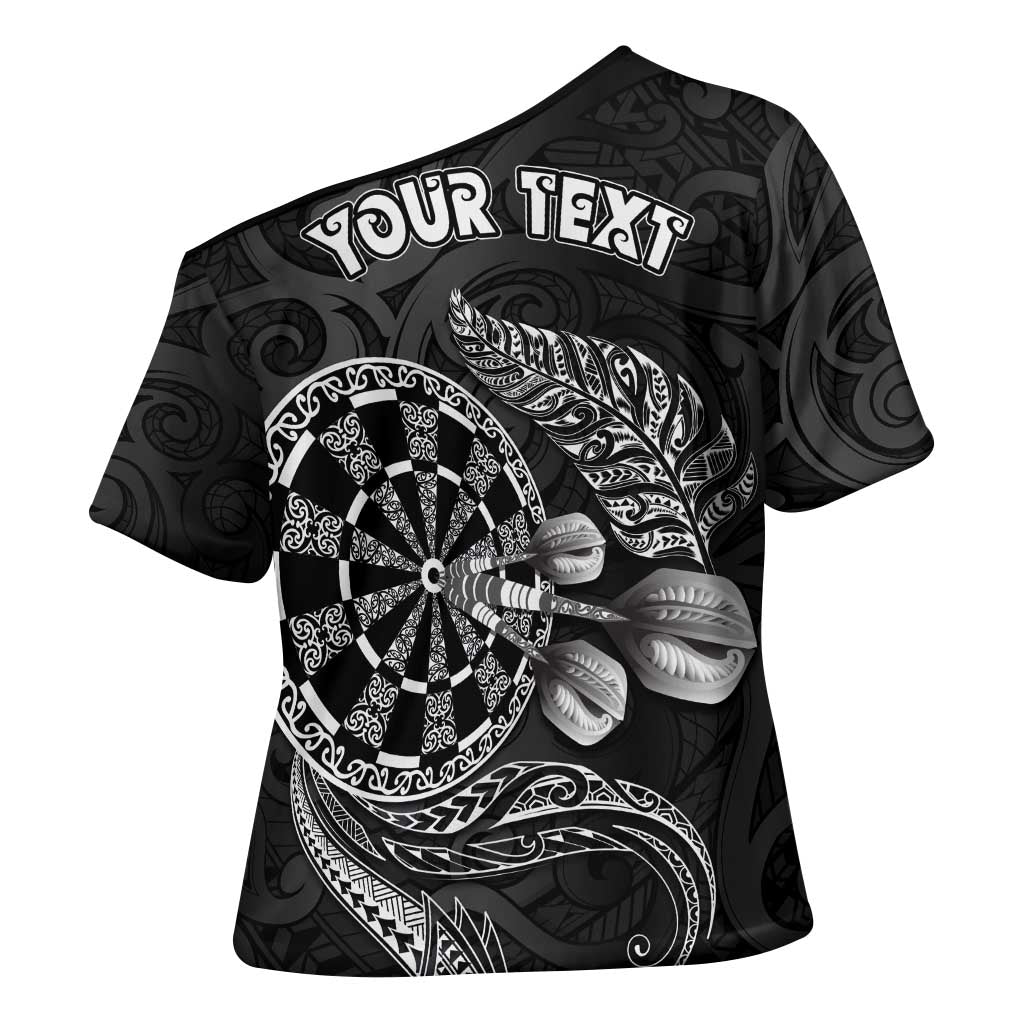 Personalised New Zealand Aotearoa Darts Masters Cross Shoulder Shirt Tribal Silver Fern and Ta Moko Dartboard - Polynesian Pride