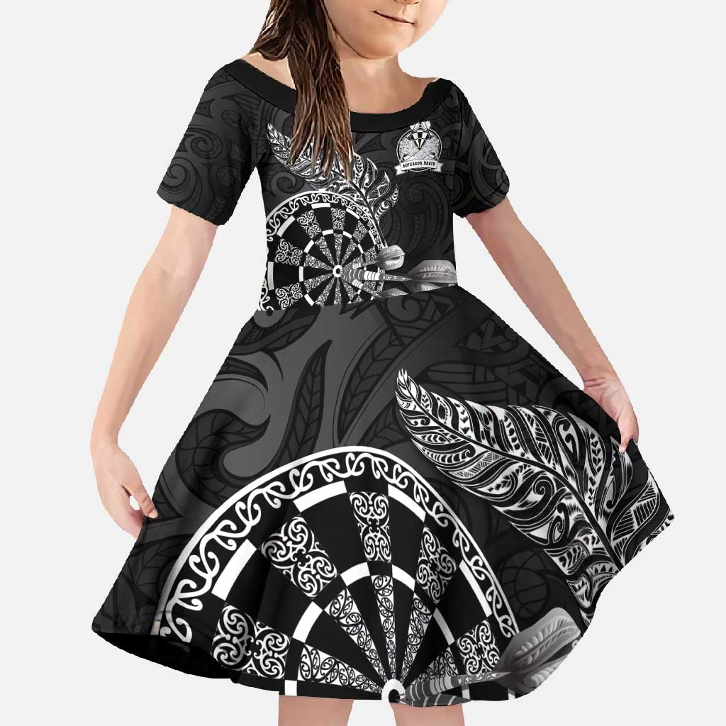 Personalised New Zealand Aotearoa Darts Masters Family Matching Off Shoulder Maxi Dress and Hawaiian Shirt Tribal Silver Fern and Ta Moko Dartboard - Polynesian Pride