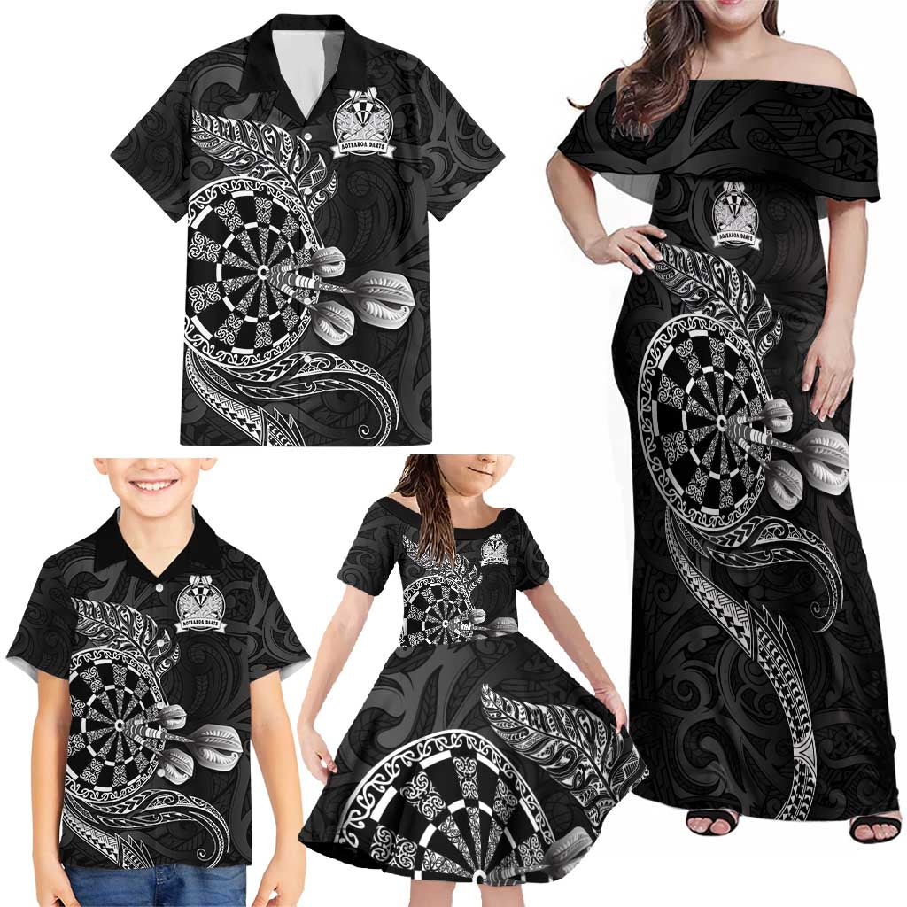 Personalised New Zealand Aotearoa Darts Masters Family Matching Off Shoulder Maxi Dress and Hawaiian Shirt Tribal Silver Fern and Ta Moko Dartboard - Polynesian Pride