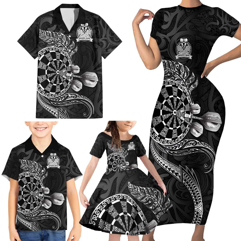 Personalised New Zealand Aotearoa Darts Masters Family Matching Short Sleeve Bodycon Dress and Hawaiian Shirt Tribal Silver Fern and Ta Moko Dartboard - Polynesian Pride