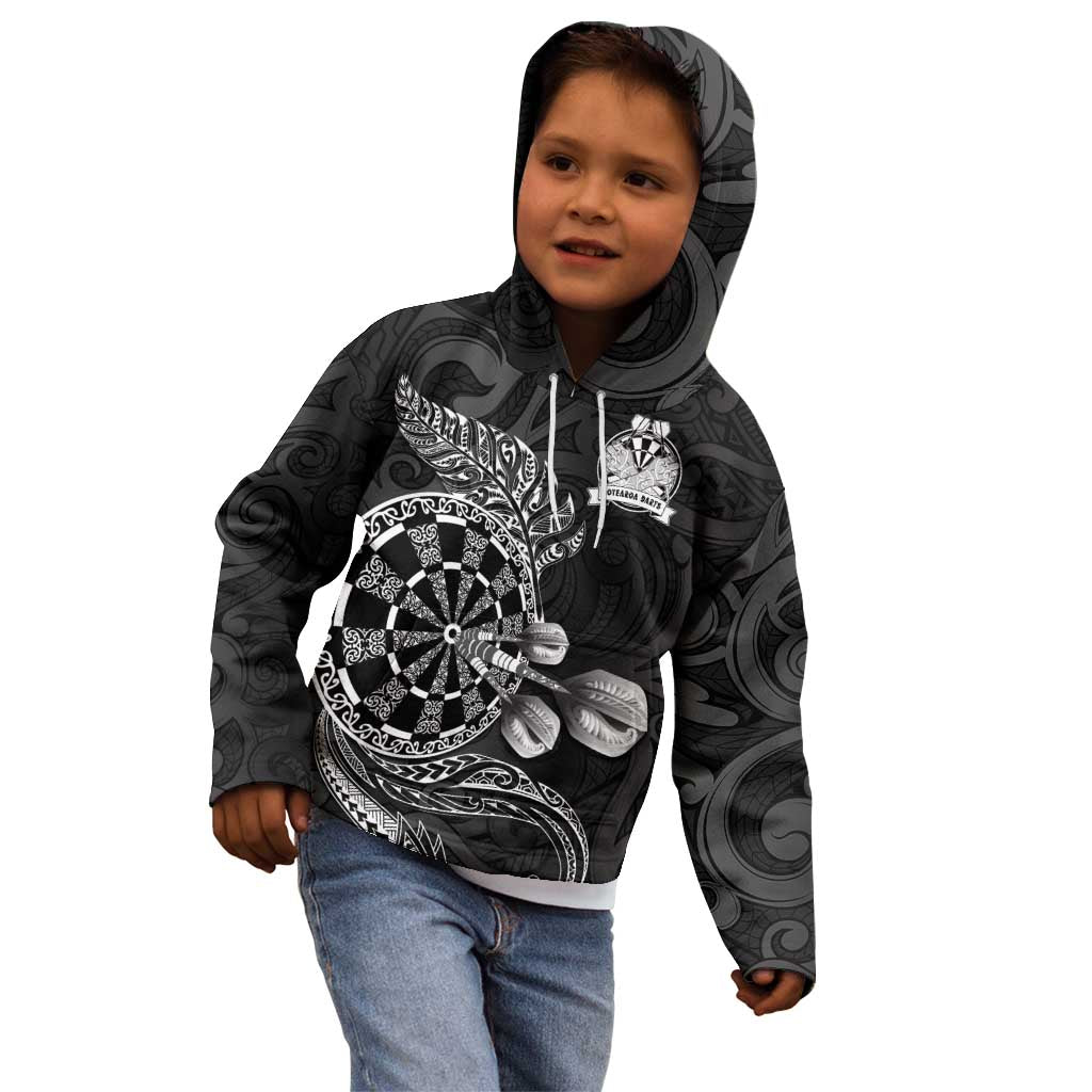 Personalised New Zealand Aotearoa Darts Masters Kid Hoodie Tribal Silver Fern and Ta Moko Dartboard - Polynesian Pride