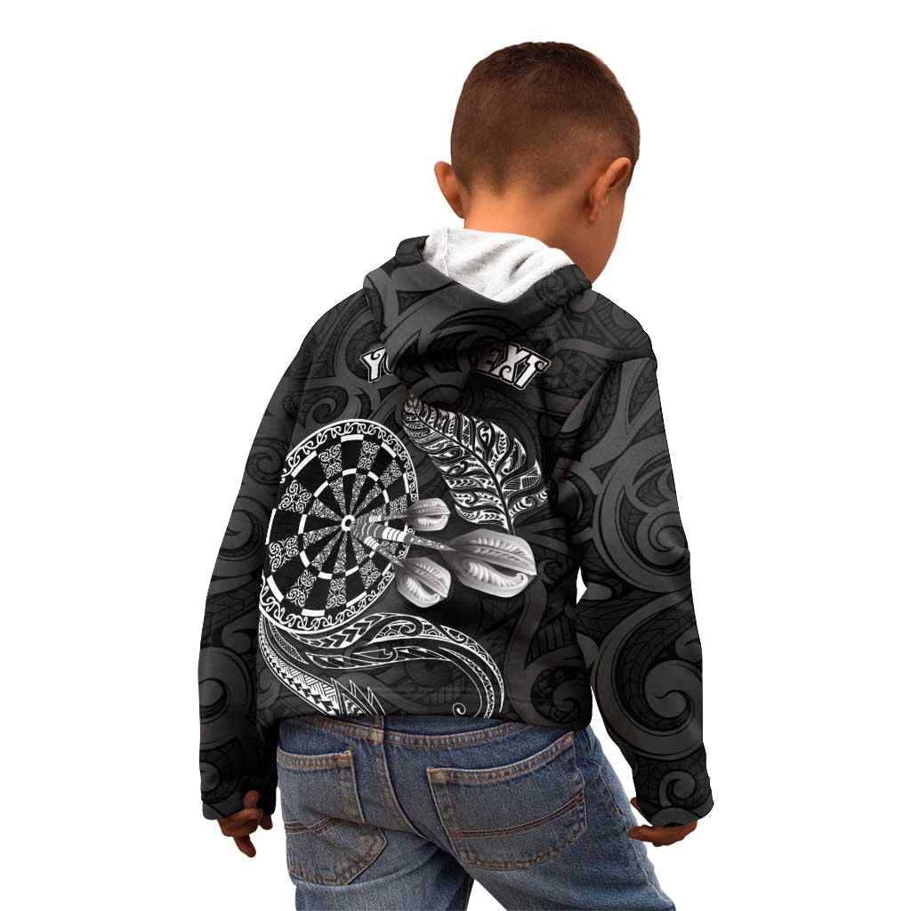 Personalised New Zealand Aotearoa Darts Masters Kid Hoodie Tribal Silver Fern and Ta Moko Dartboard - Polynesian Pride