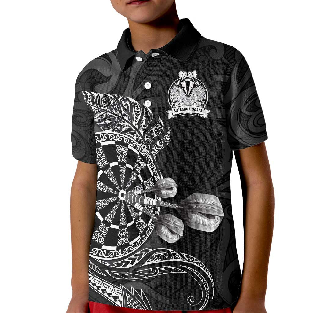 Personalised New Zealand Aotearoa Darts Masters Kid Polo Shirt Tribal Silver Fern and Ta Moko Dartboard - Polynesian Pride