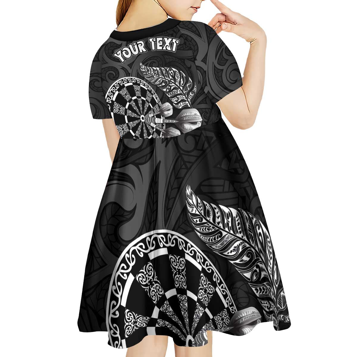 Personalised New Zealand Aotearoa Darts Masters Kid Short Sleeve Dress Tribal Silver Fern and Ta Moko Dartboard - Polynesian Pride