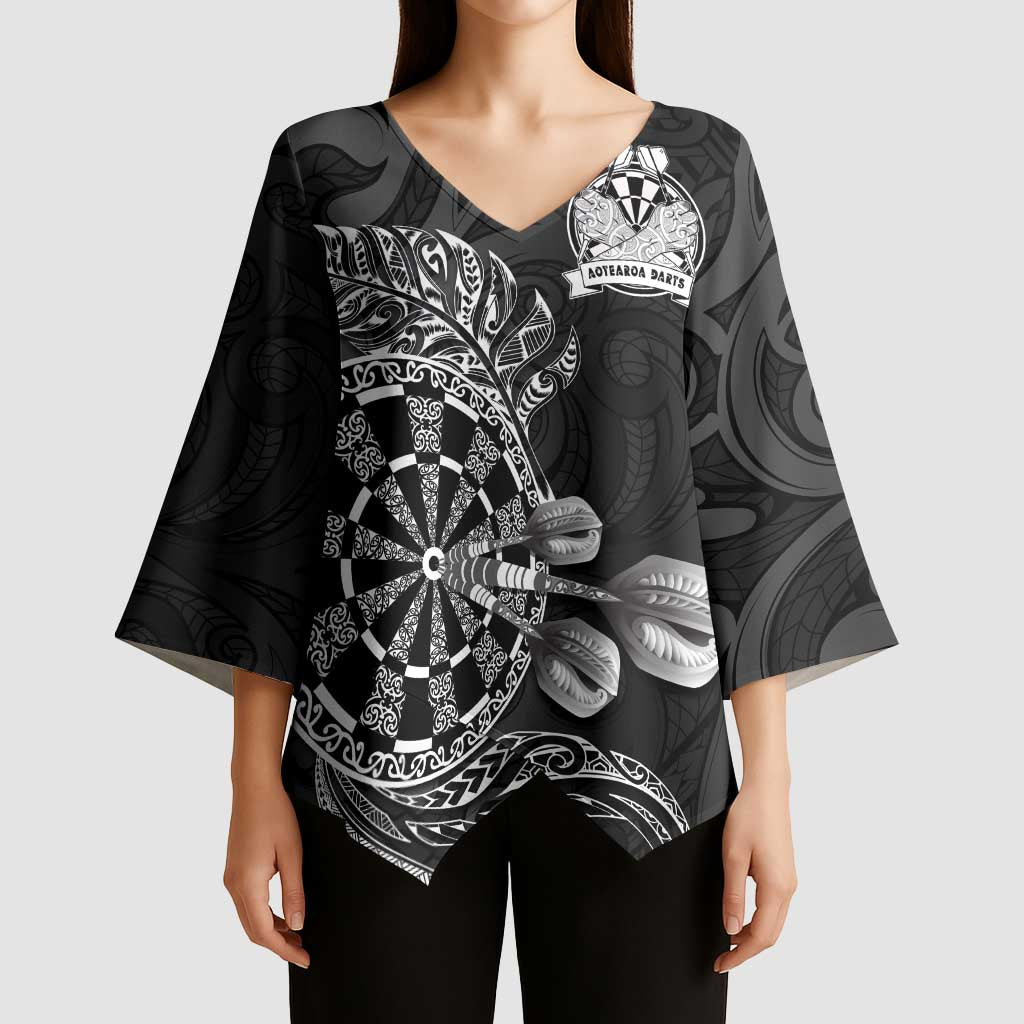 Personalised New Zealand Aotearoa Darts Masters Kimono Sleeve Blouse Tribal Silver Fern and Ta Moko Dartboard - Polynesian Pride