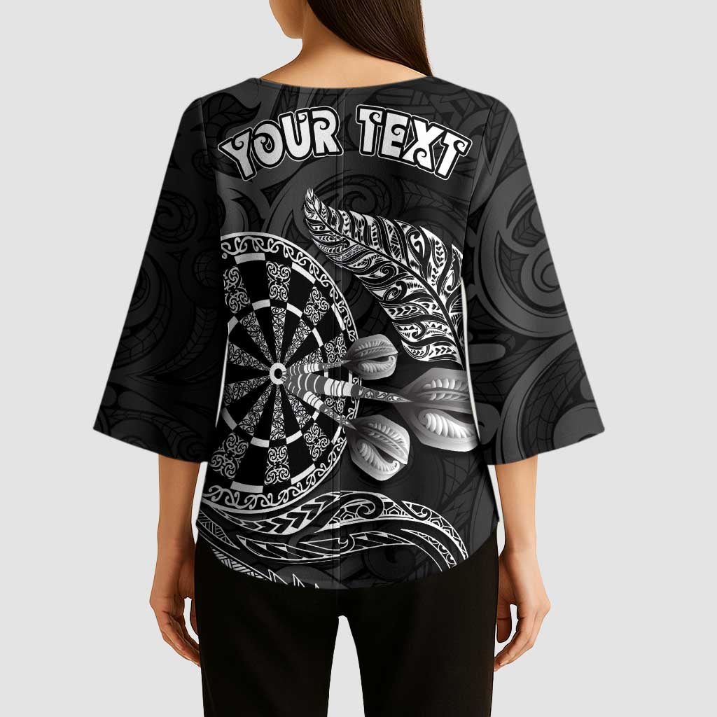 Personalised New Zealand Aotearoa Darts Masters Kimono Sleeve Blouse Tribal Silver Fern and Ta Moko Dartboard - Polynesian Pride