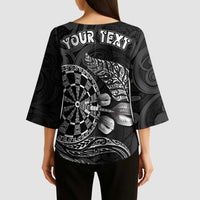 Personalised New Zealand Aotearoa Darts Masters Kimono Sleeve Blouse Tribal Silver Fern and Ta Moko Dartboard - Polynesian Pride
