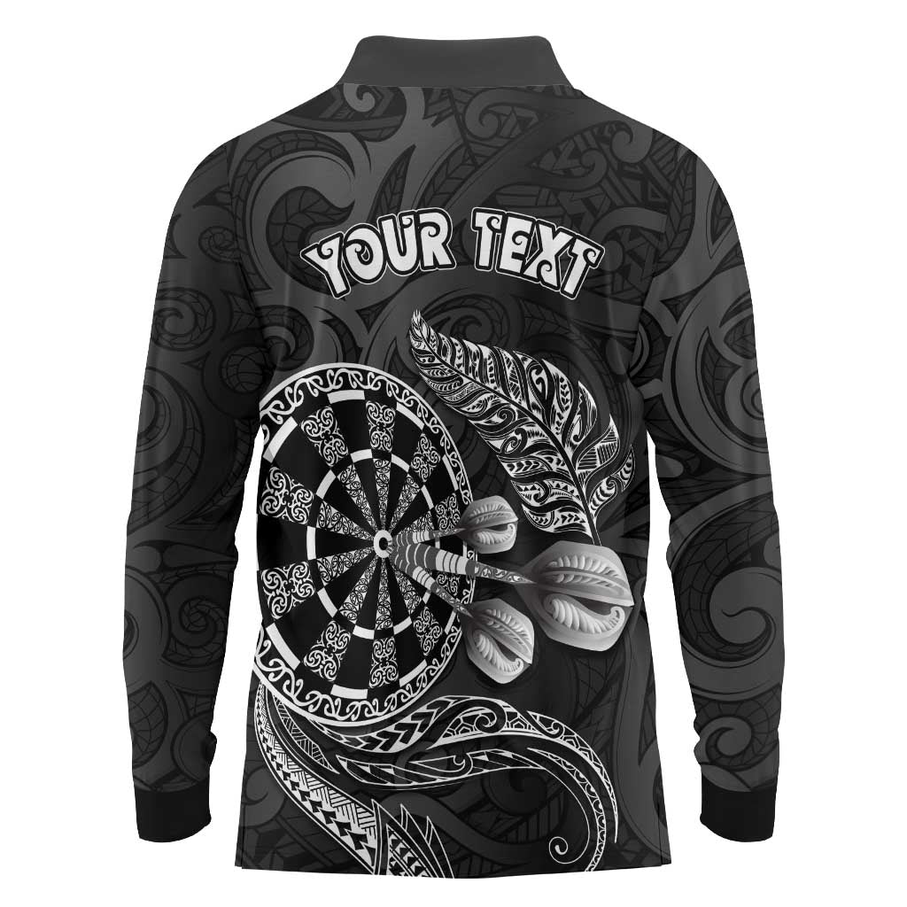 Personalised New Zealand Aotearoa Darts Masters Long Sleeve Polo Shirt Tribal Silver Fern and Ta Moko Dartboard - Polynesian Pride