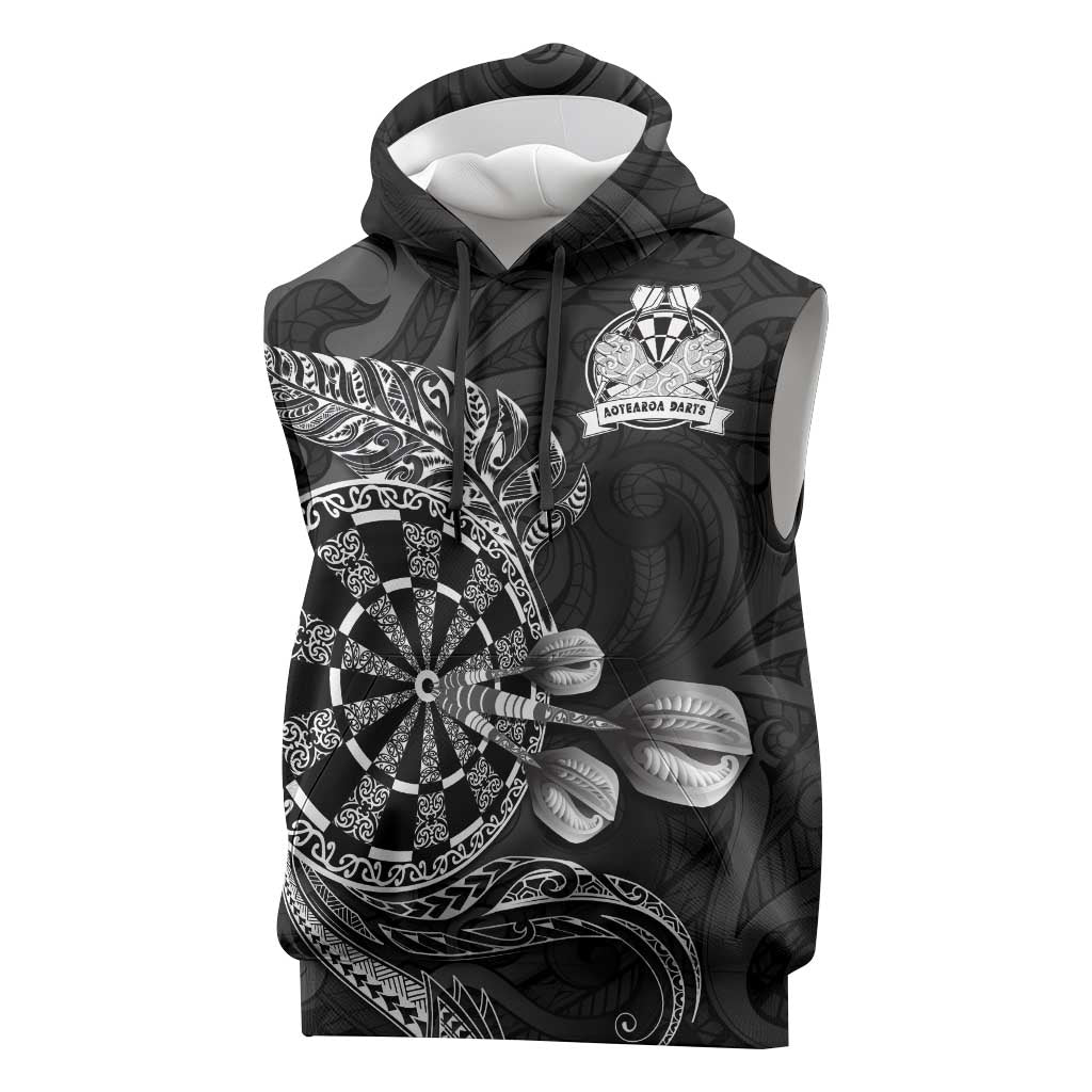 Personalised New Zealand Aotearoa Darts Masters Sleeveless Hoodie Tribal Silver Fern and Ta Moko Dartboard - Polynesian Pride