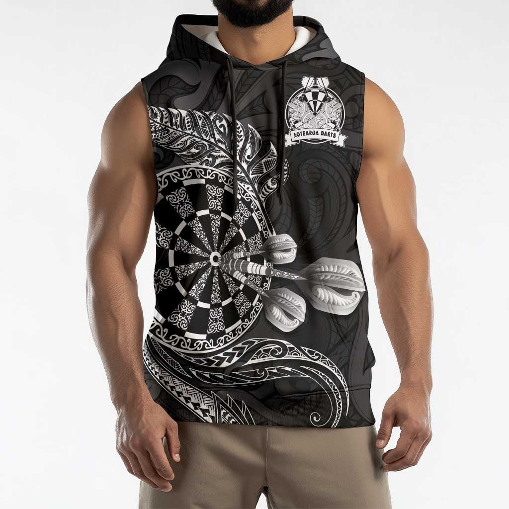 Personalised New Zealand Aotearoa Darts Masters Sleeveless Hoodie Tribal Silver Fern and Ta Moko Dartboard - Polynesian Pride