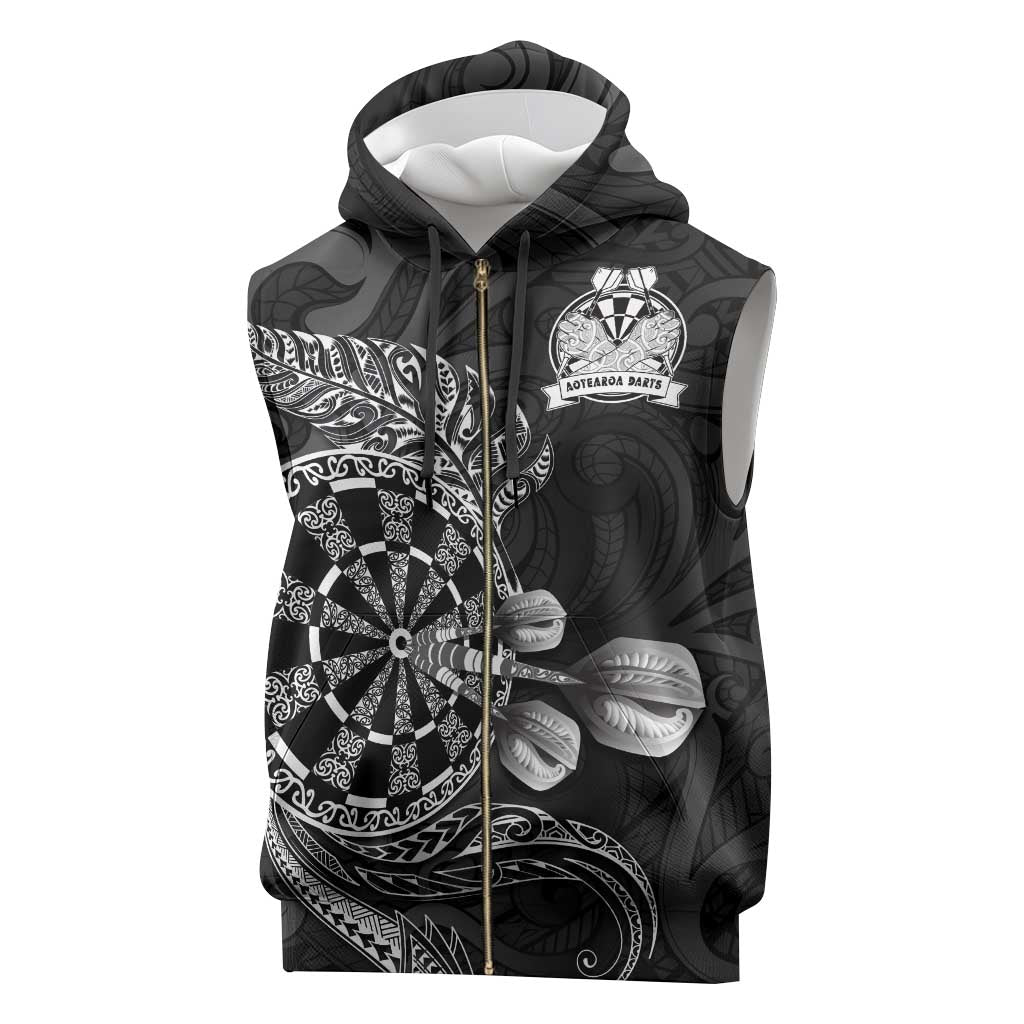 Personalised New Zealand Aotearoa Darts Masters Sleeveless Zip Hoodie Tribal Silver Fern and Ta Moko Dartboard - Polynesian Pride
