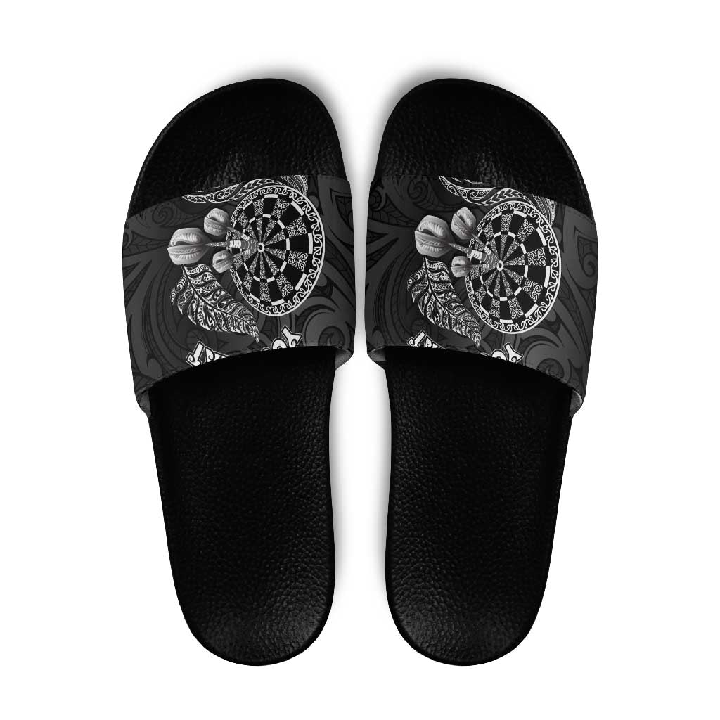 Personalised New Zealand Aotearoa Darts Masters Slide Sandals Tribal Silver Fern and Ta Moko Dartboard - Polynesian Pride