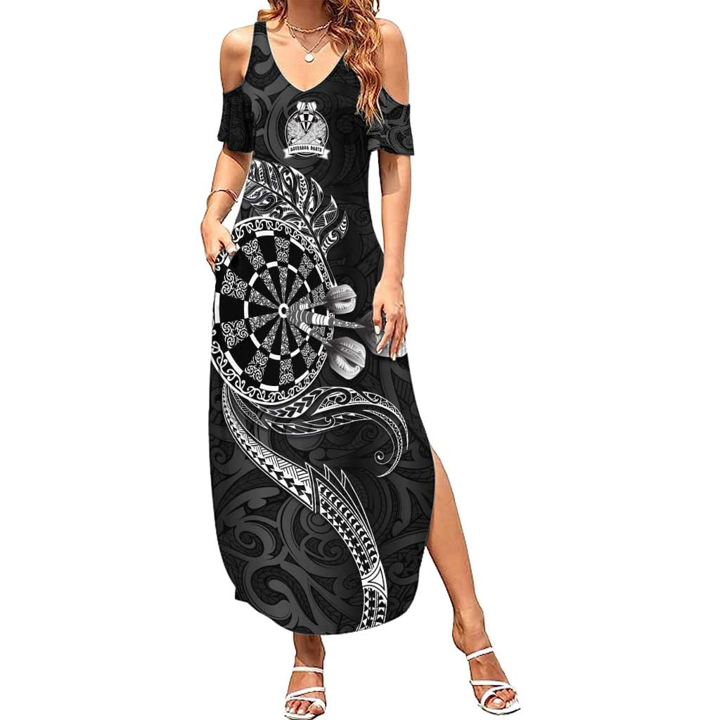 Personalised New Zealand Aotearoa Darts Masters Summer Maxi Dress Tribal Silver Fern and Ta Moko Dartboard - Polynesian Pride