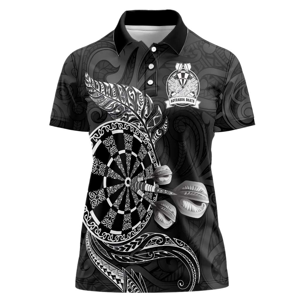 Personalised New Zealand Aotearoa Darts Masters Women Polo Shirt Tribal Silver Fern and Ta Moko Dartboard - Polynesian Pride