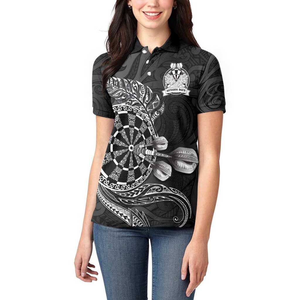 Personalised New Zealand Aotearoa Darts Masters Women Polo Shirt Tribal Silver Fern and Ta Moko Dartboard - Polynesian Pride