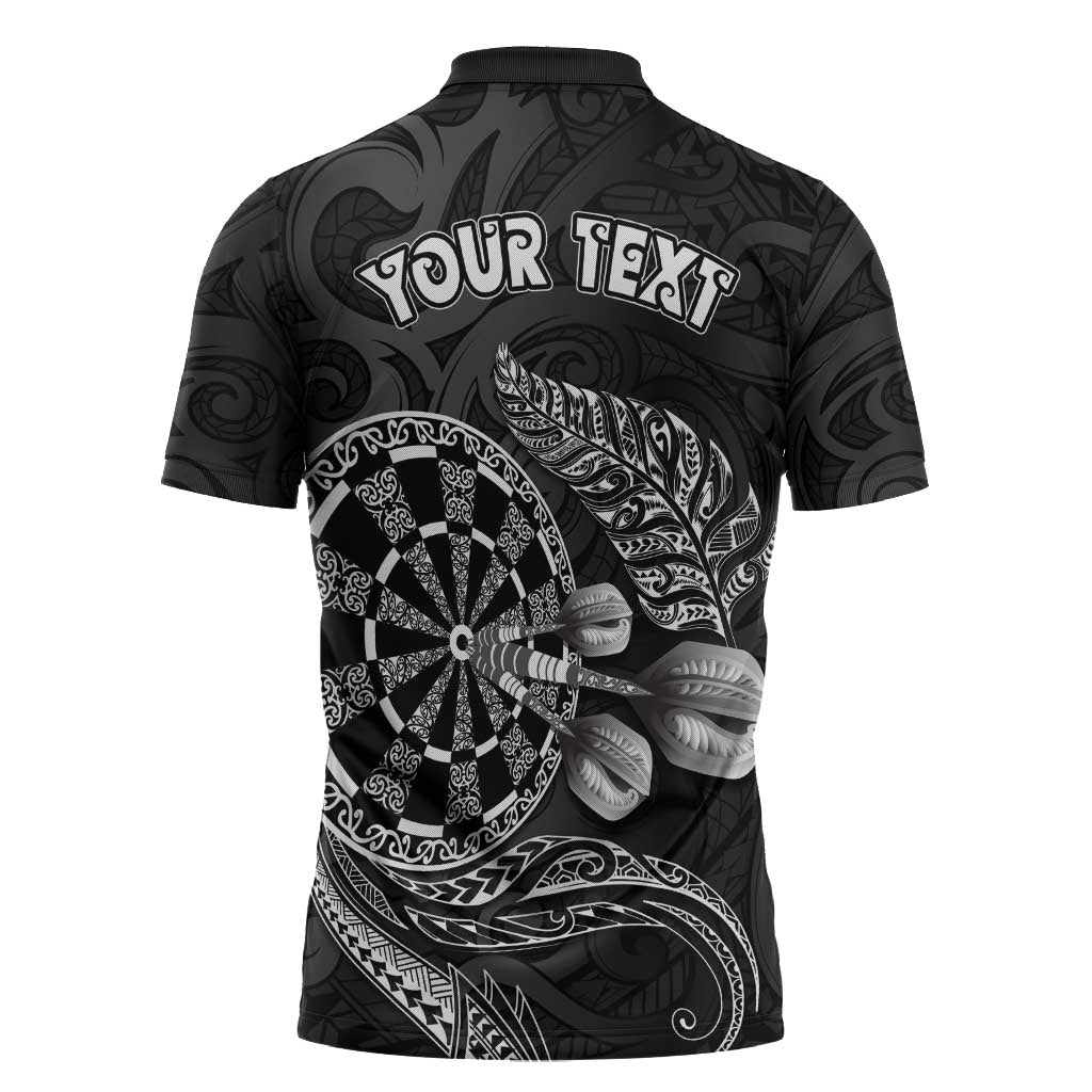 Personalised New Zealand Aotearoa Darts Masters Zipper Polo Shirt Tribal Silver Fern and Ta Moko Dartboard - Polynesian Pride