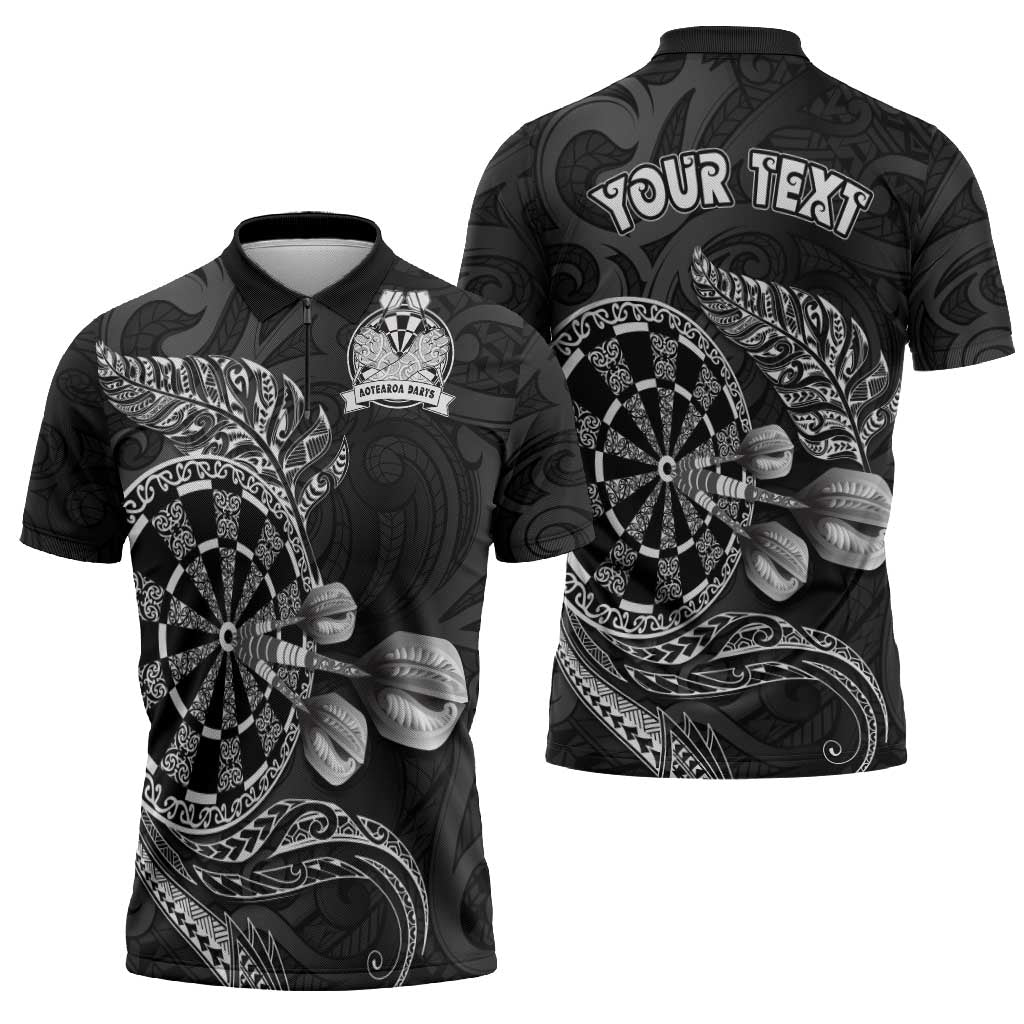 Personalised New Zealand Aotearoa Darts Masters Zipper Polo Shirt Tribal Silver Fern and Ta Moko Dartboard - Polynesian Pride