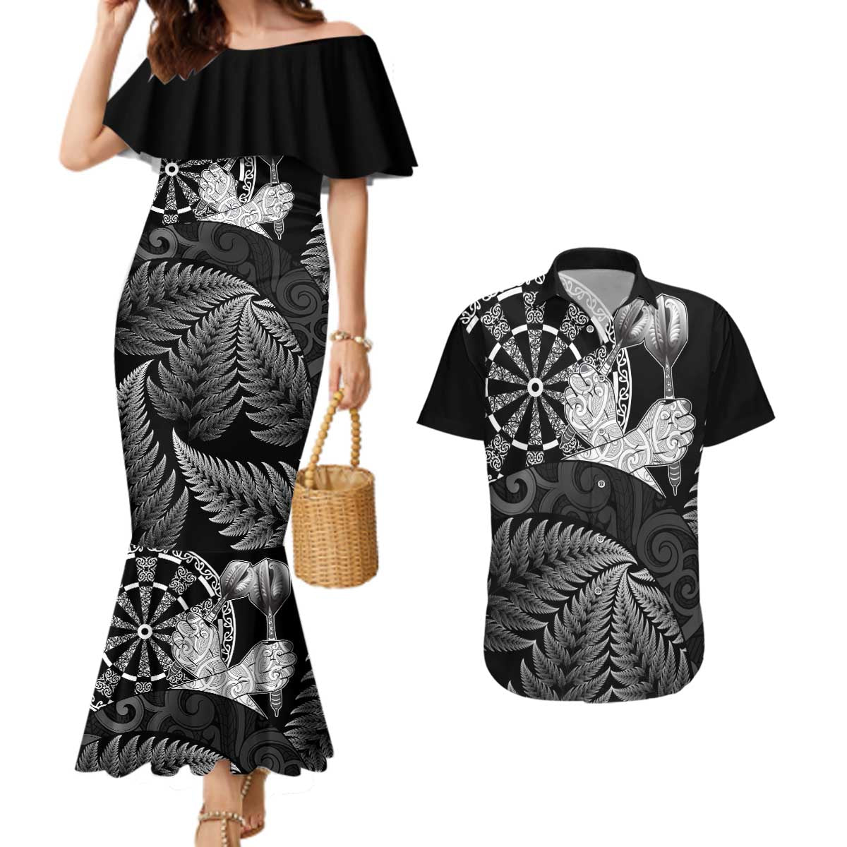 Personalised New Zealand Aotearoa Darts Masters Couples Matching Mermaid Dress and Hawaiian Shirt Silver Fern and Maori Spirit - Polynesian Pride