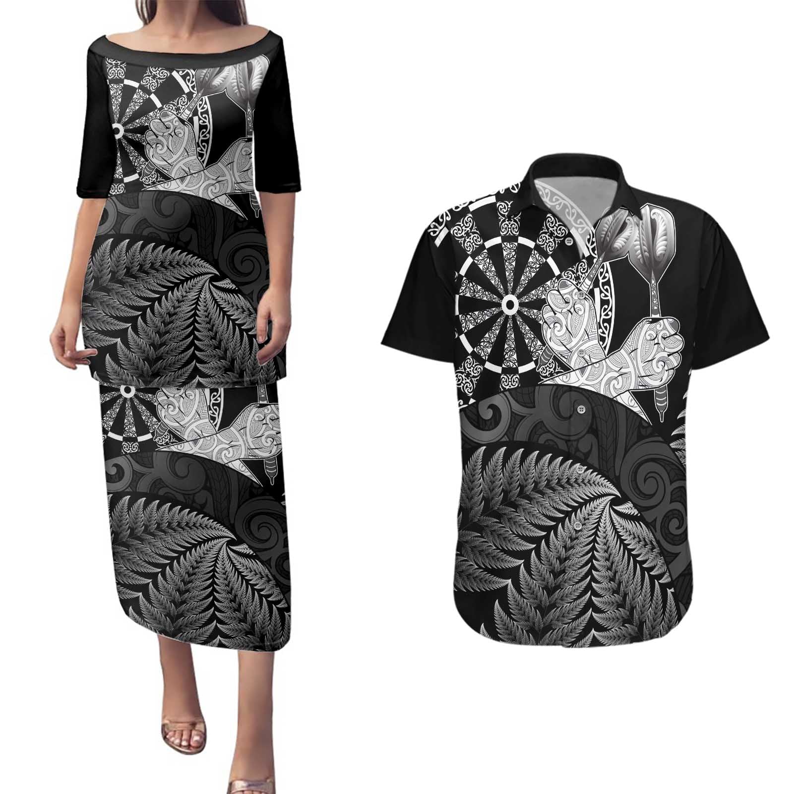 Personalised New Zealand Aotearoa Darts Masters Couples Matching Puletasi and Hawaiian Shirt Silver Fern and Maori Spirit - Polynesian Pride